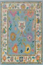 Bright Hand Knotted Oushak Rug 8x10 Colorfull Area Rug Floral Bright Rug Sky Blue Oushak Rug Contempory Oushak Rug Abstrect Rug Living Rug - Image 4