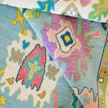 Bright Hand Knotted Oushak Rug 8x10 Colorfull Area Rug Floral Bright Rug Sky Blue Oushak Rug Contempory Oushak Rug Abstrect Rug Living Rug