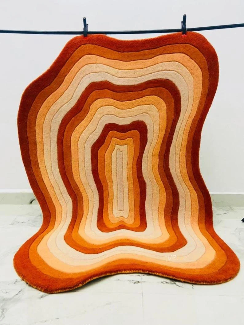 Irregular Shape Tufted Rug Multicolored Stripes, Hand-Tufted Wool Area Rug Carpet for Bedroom Aesthetics, Home, Living Room, Office, RR01