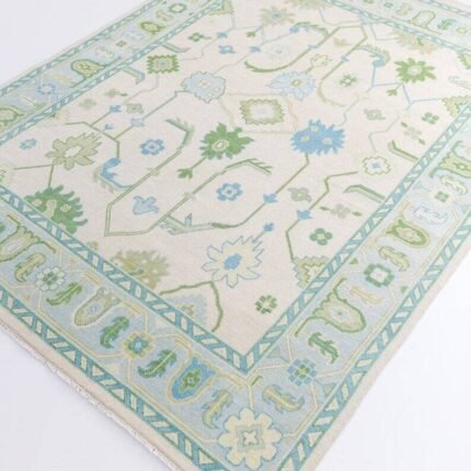 Oushak 8x10 Hand knotted green white Oushak Made to Order (In Any Size!!!!) Geometric Knotted Modern Oushak rug/ large area/sage/muted