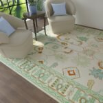 Cream And Green Oushak Rug, Modern Turkish Rug Green Accent, Contempory Hand Knotted Rug 8x10 White Bedroom Rug, Dinning Table Rug