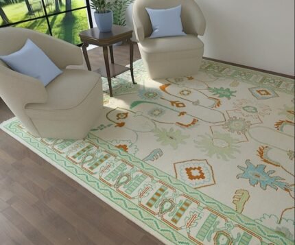 Cream And Green Oushak Rug, Modern Turkish Rug Green Accent, Contempory Hand Knotted Rug 8x10 White Bedroom Rug, Dinning Table Rug