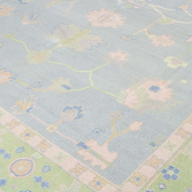 Lite Blue And Green Border Accent Oushak Rug 8x10 Area Rug Multicolor Hand Knotted Wool Rug Abstrect Rug Kids Rug Living Room Rug Bedroom