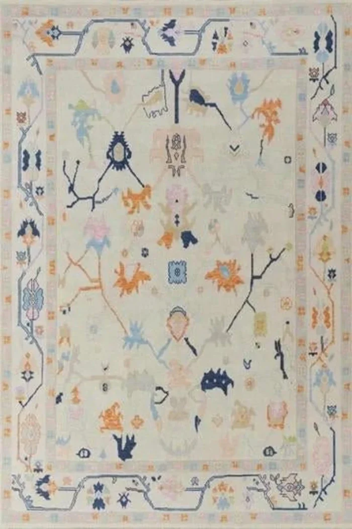 Cream Hand Knotted 9x12 Wool Rug Contempory Area Rugs | Turkish Blue Oushak | Living Room traditional rug Living Room Rug Bedroom Rug - Image 4