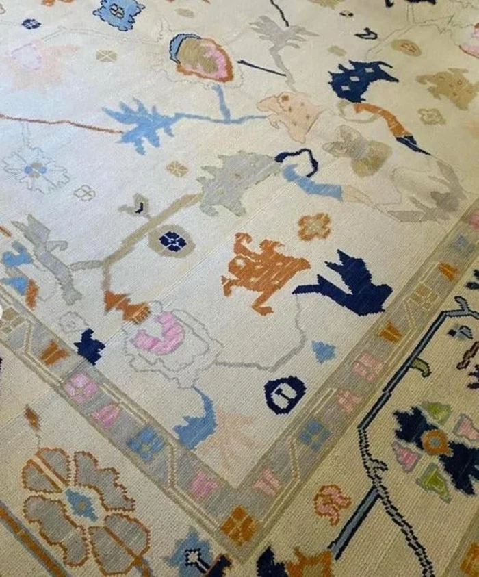 Cream Hand Knotted 9x12 Wool Rug Contempory Area Rugs | Turkish Blue Oushak | Living Room traditional rug Living Room Rug Bedroom Rug - Image 7