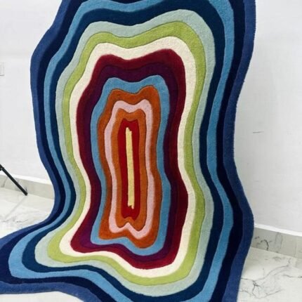 Irregular Shape Tufted Rug Multicolored Stripes, Hand-Tufted Wool Area Rug Carpet for Bedroom Aesthetics, Home, Living Room, Office, Kids RR