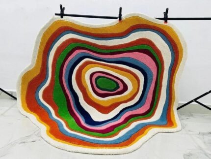 Irregular Shape Tufted Rug Multicolored Stripes, Hand-Tufted Wool Area Rug Carpet for Bedroom Aesthetics, Home, Living Room, Office, RR02