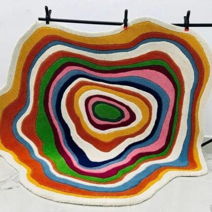 Irregular Shape Tufted Rug Multicolored Stripes, Hand-Tufted Wool Area Rug Carpet for Bedroom Aesthetics, Home, Living Room, Office, RR02