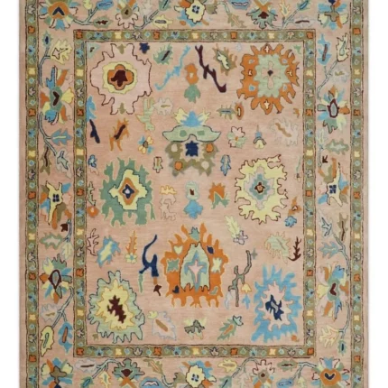 Hand TuftedLite Pink Hand Tufted Rug Green And Peach Traditional Oushak desing Custom made wool area rug 8x10/9x12/10x14 Hallway rug office