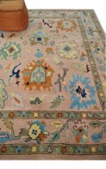 Hand TuftedLite Pink Hand Tufted Rug Green And Peach Traditional Oushak desing Custom made wool area rug 8x10/9x12/10x14 Hallway rug office - Image 3