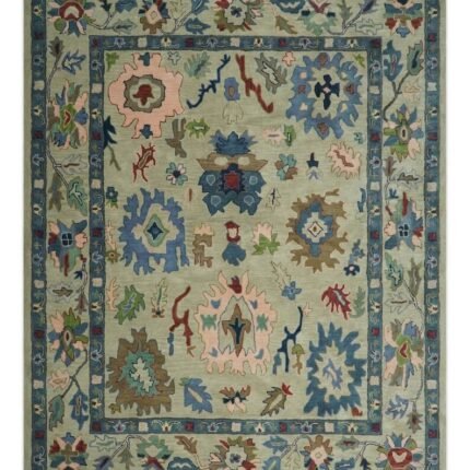 Hand Tufted Beige Blue And Peach Traditional Oushak desing Custom made wool area rug